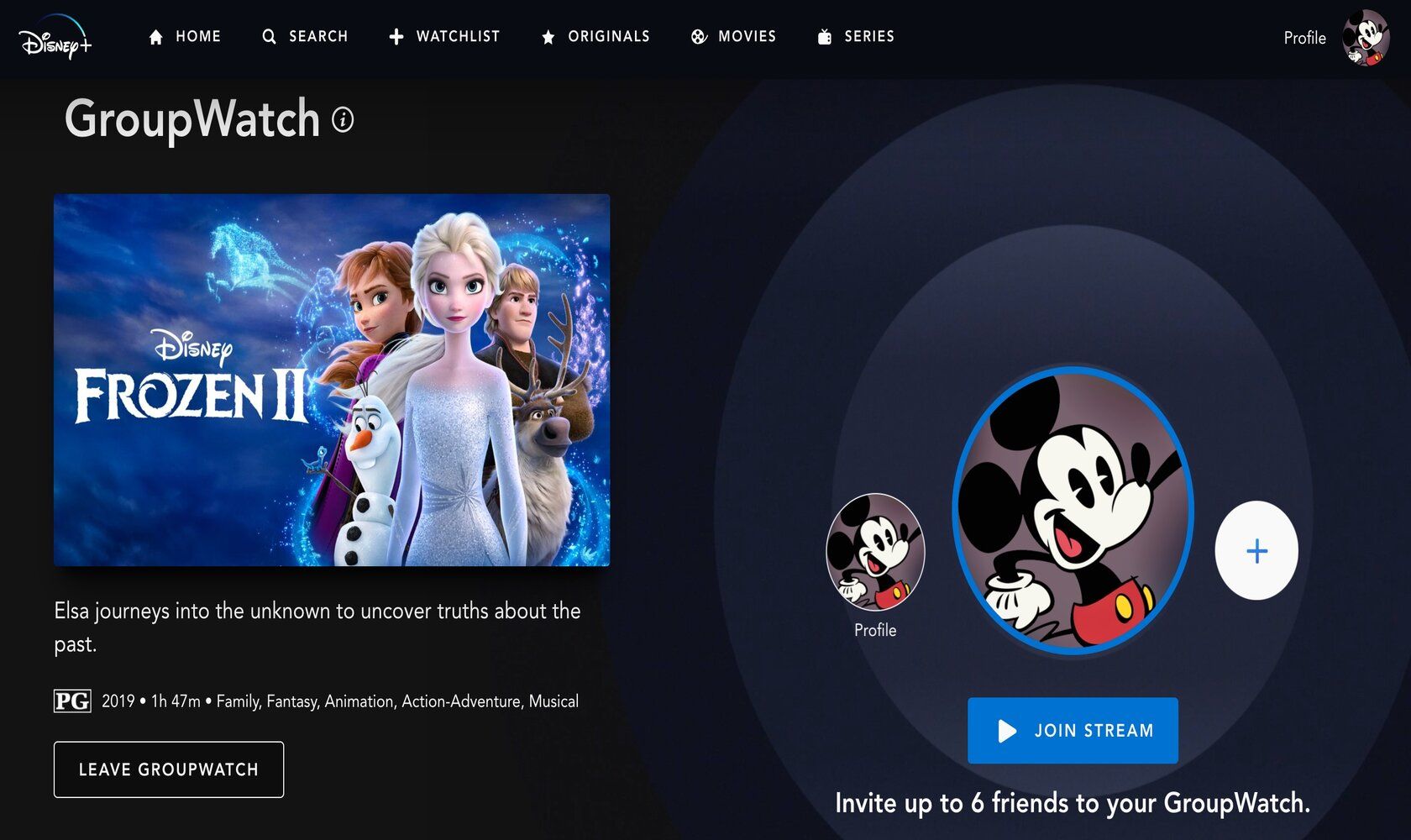 Screenshot of Disney+ GroupWatch Join Stream