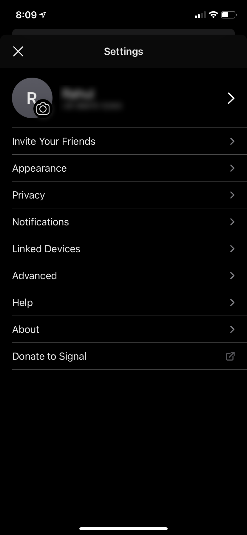 Signal app's settings screen