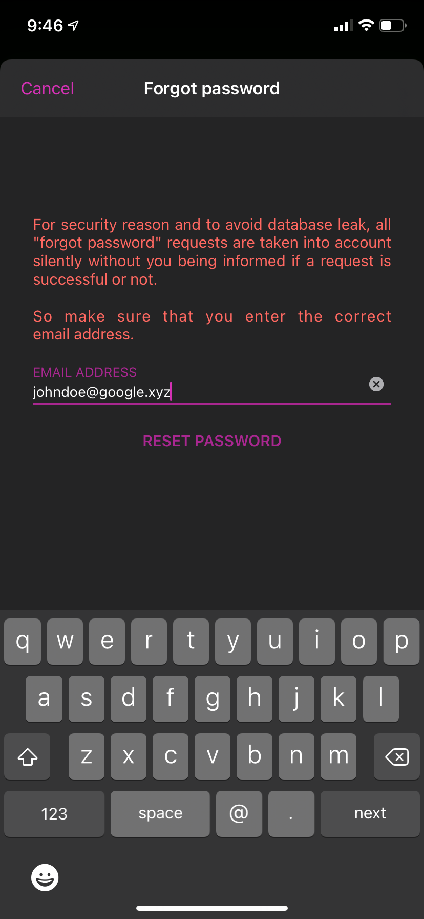 SimpleLogin forgot password screen