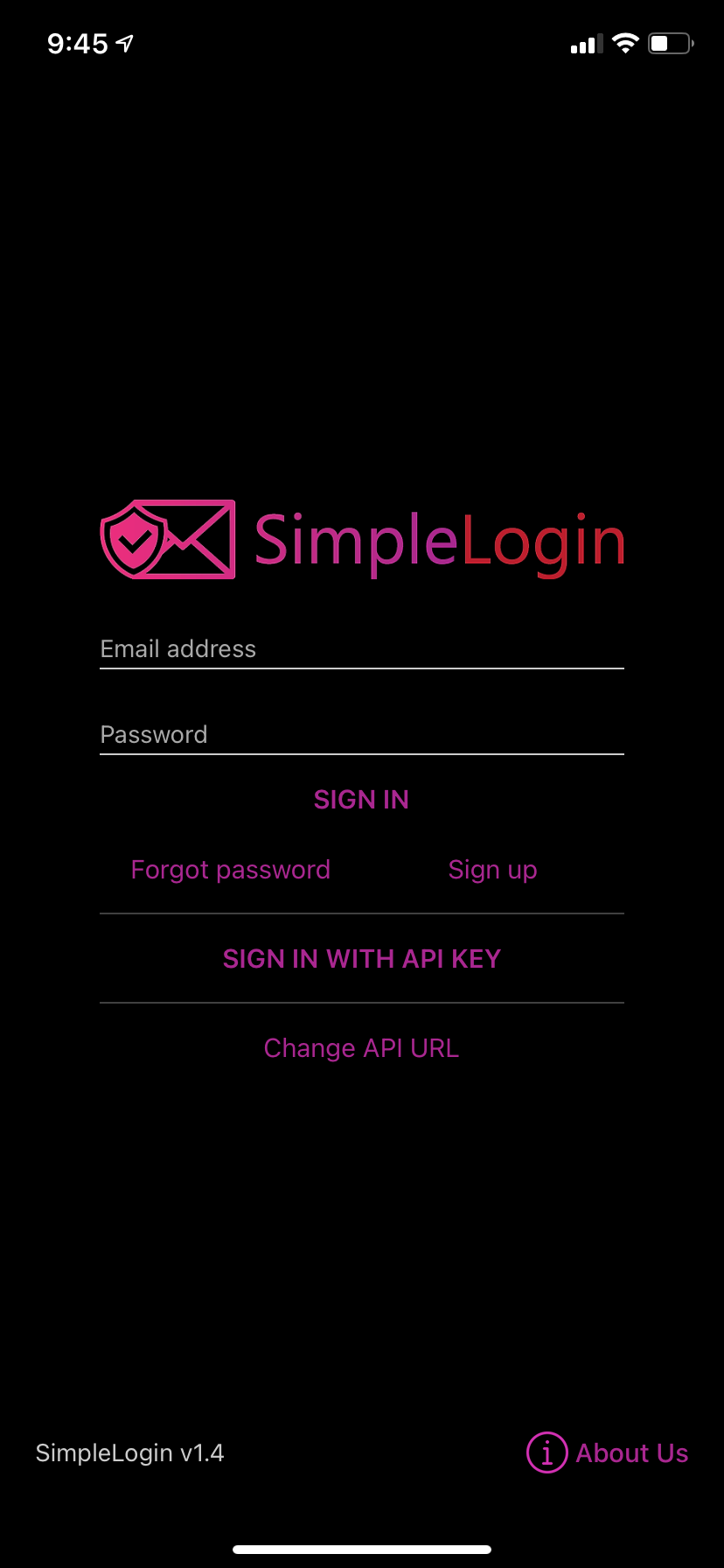 SimpleLogin login screen