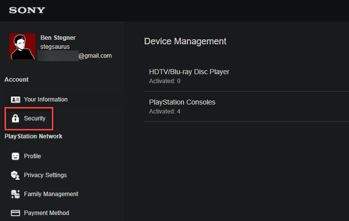 Sony Account PlayStation Security Options
