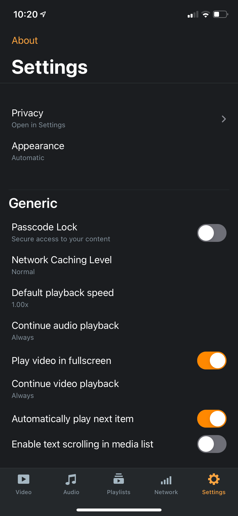 VLC player settings