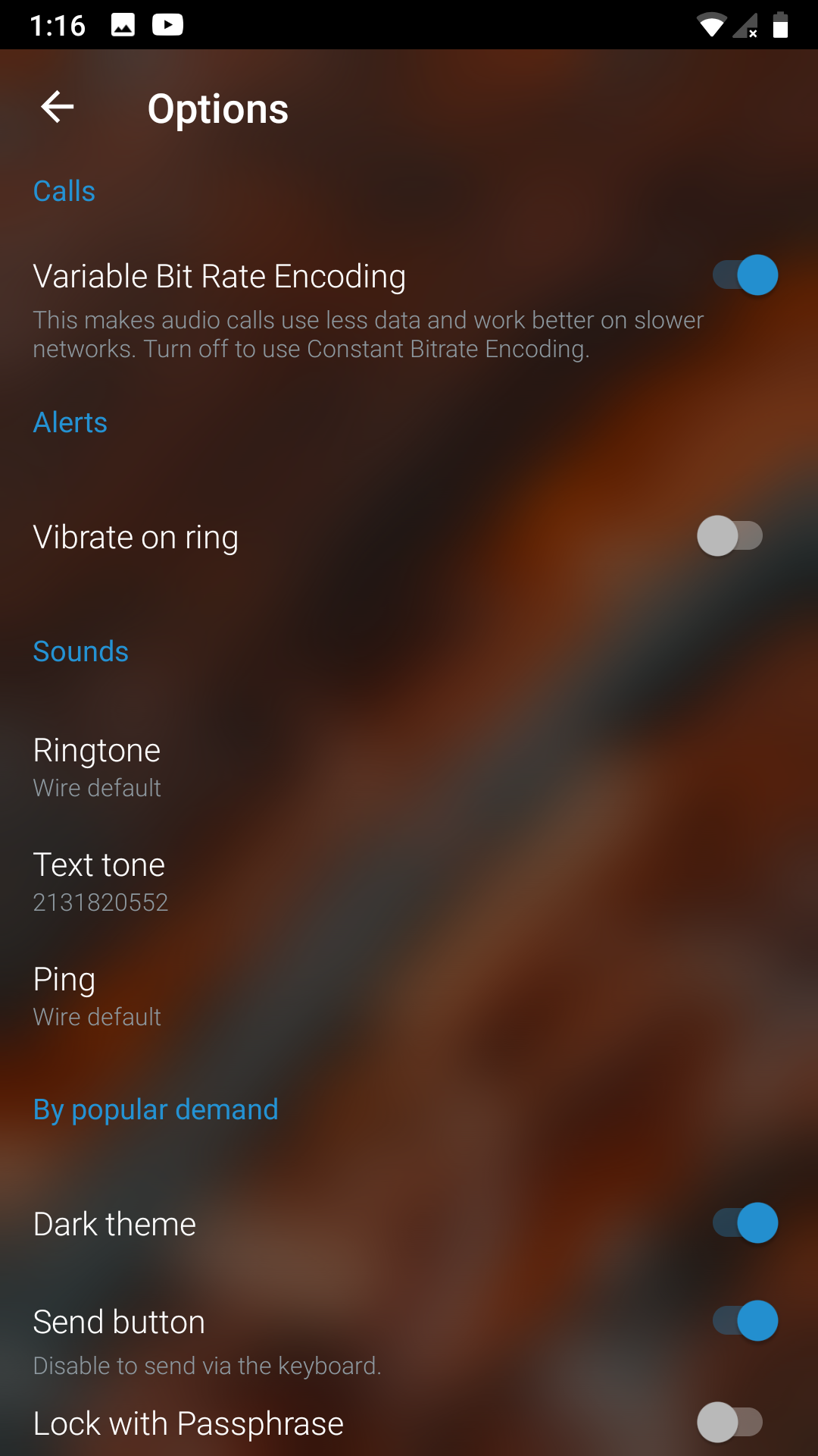 Wire's settings screen