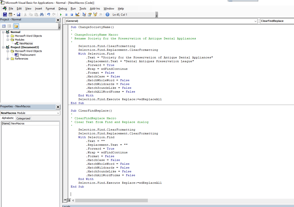 Visual Basic Editor with New Macro