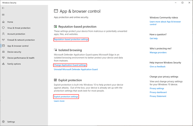 app and browser control settings in Windows Security