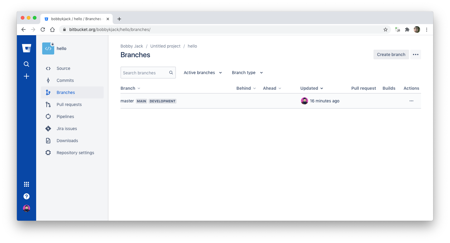 Bitbucket screenshot showing branches page