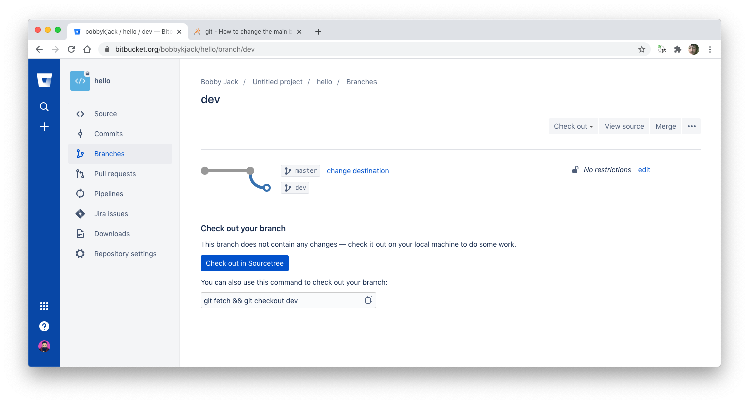 Bitbucket screenshot showing new branch page