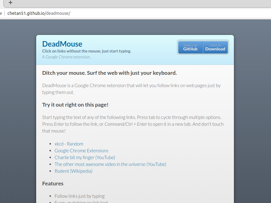Home Page of DeadMouse Browser Extension