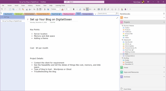 details of the task in OneNote