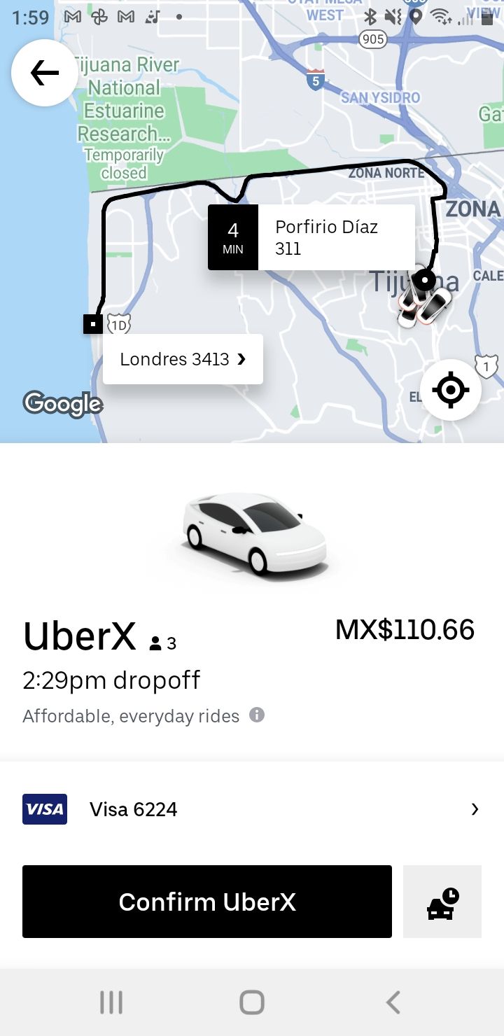 Uber app going to Playas de Tijuana