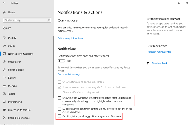disable notification popups in Windows 10