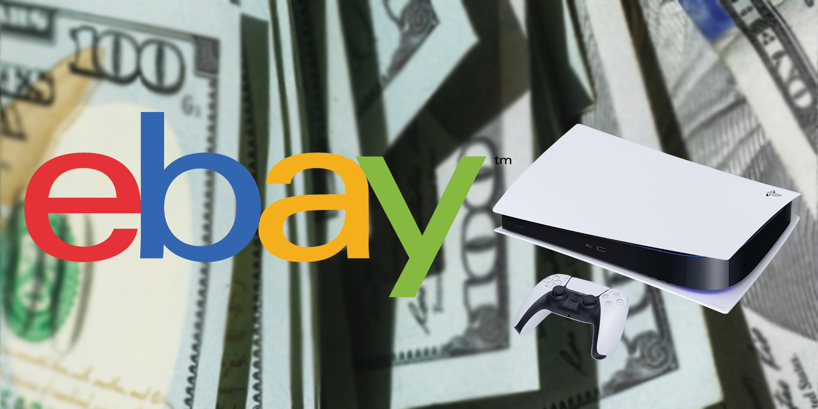 ebay logo with ps5 and dollar bills