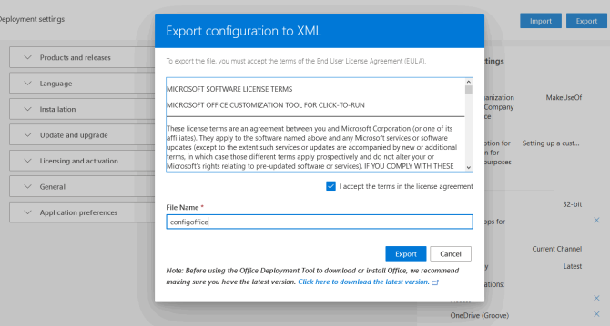 export the configured file as XML