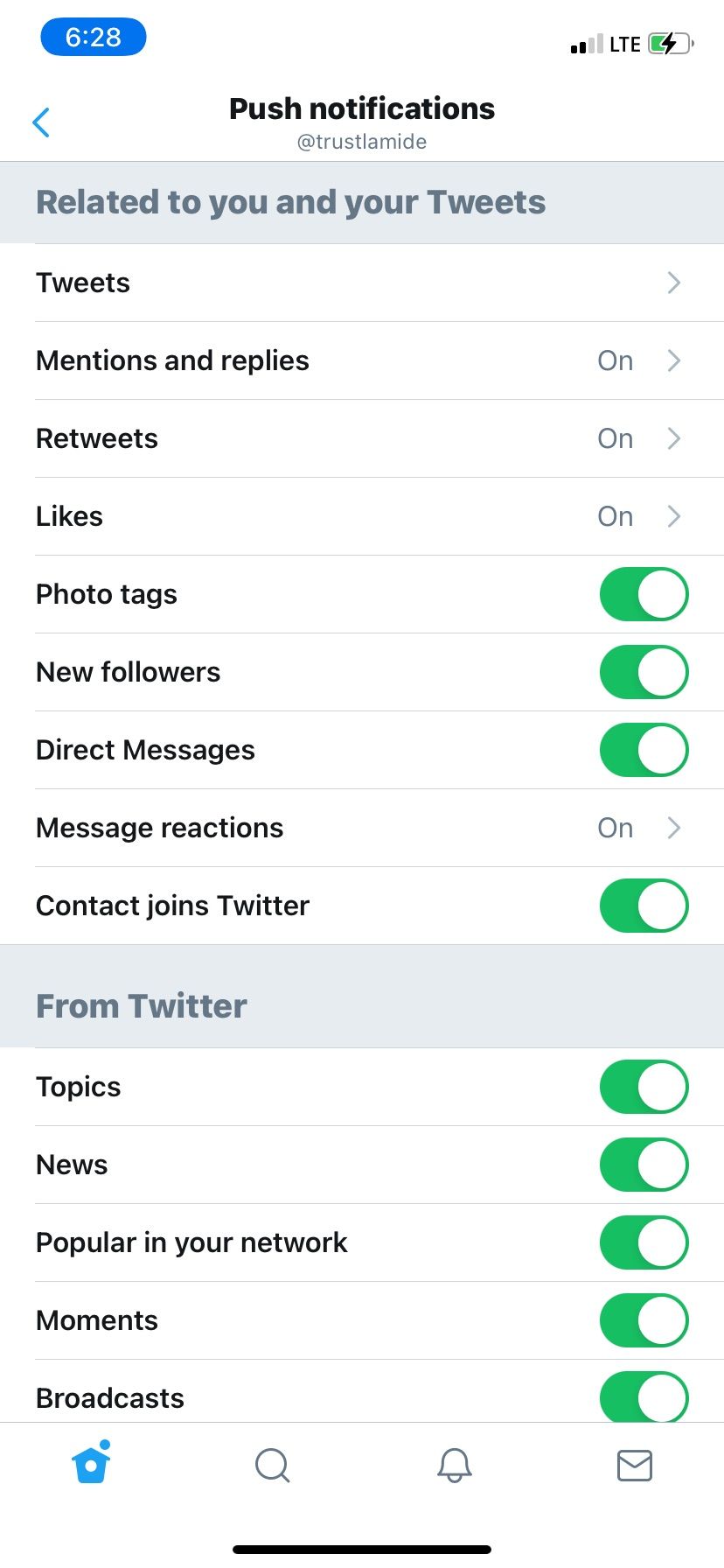 Twitter In-App Notification Settings