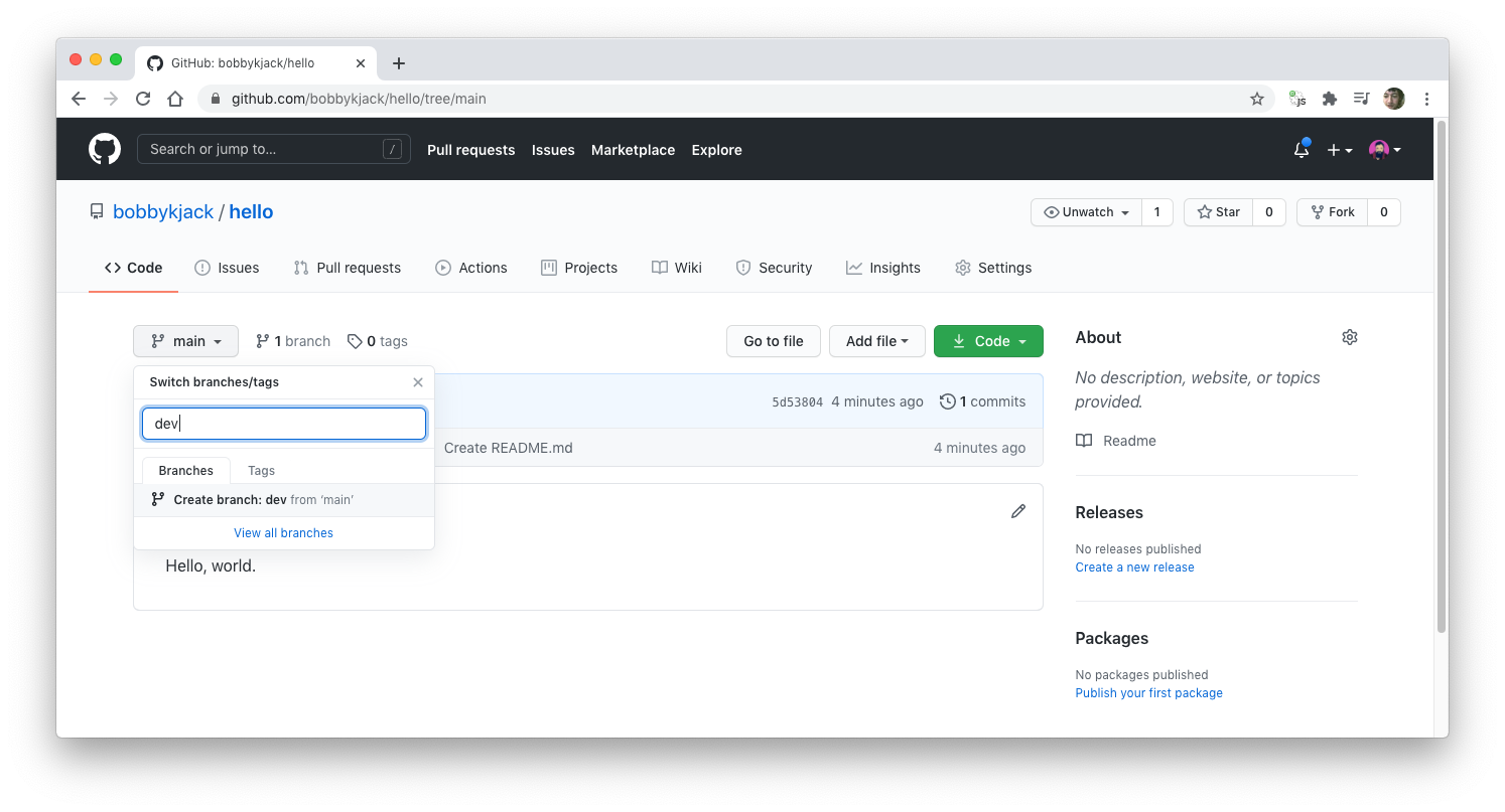 GitHub screenshot showing new branch being created