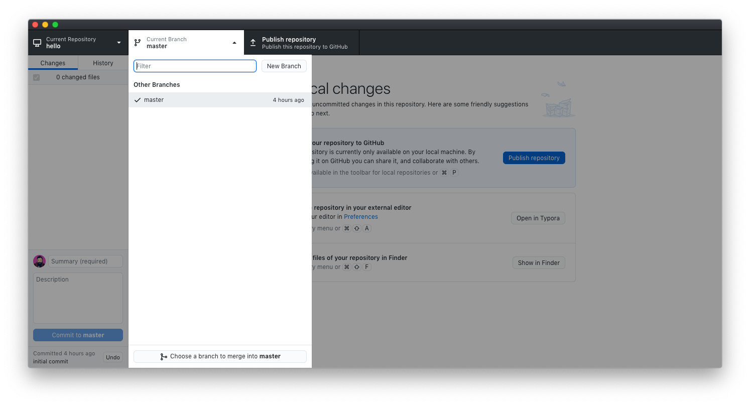 GitHub Desktop screenshot showing branch listing dropdown