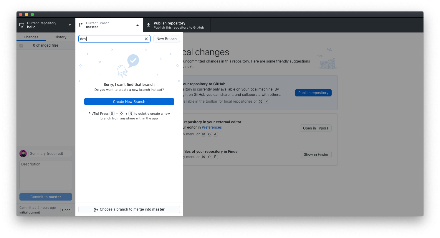 GitHub Desktop screenshot showing prompt to create a new branch
