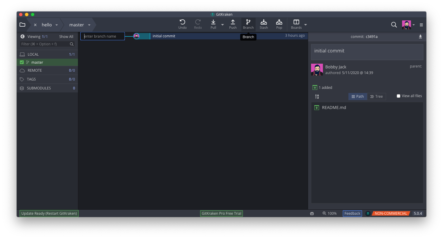 Gitkraken screenshot showing a new branch being created