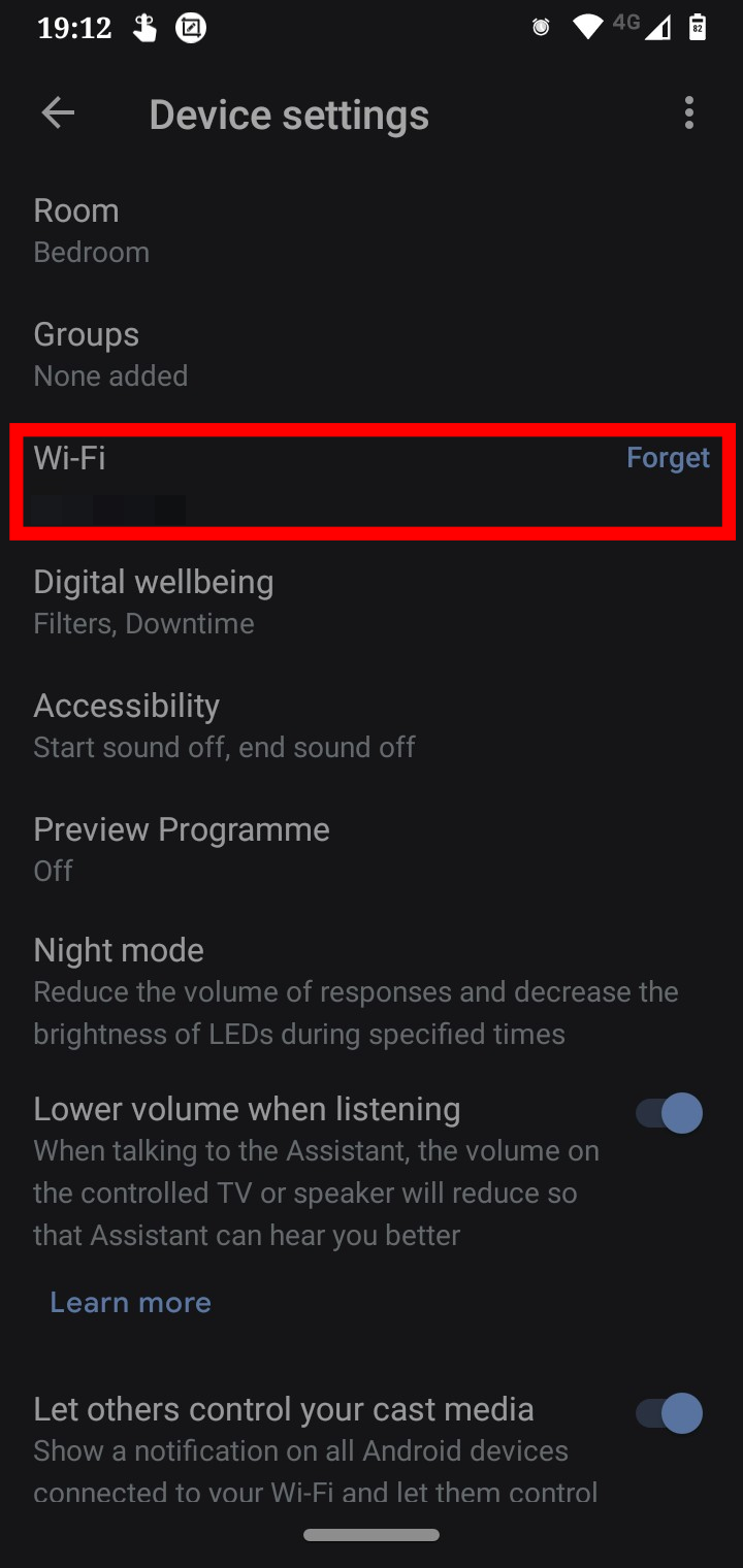 Forgetting a Wi-Fi connection in Google Home
