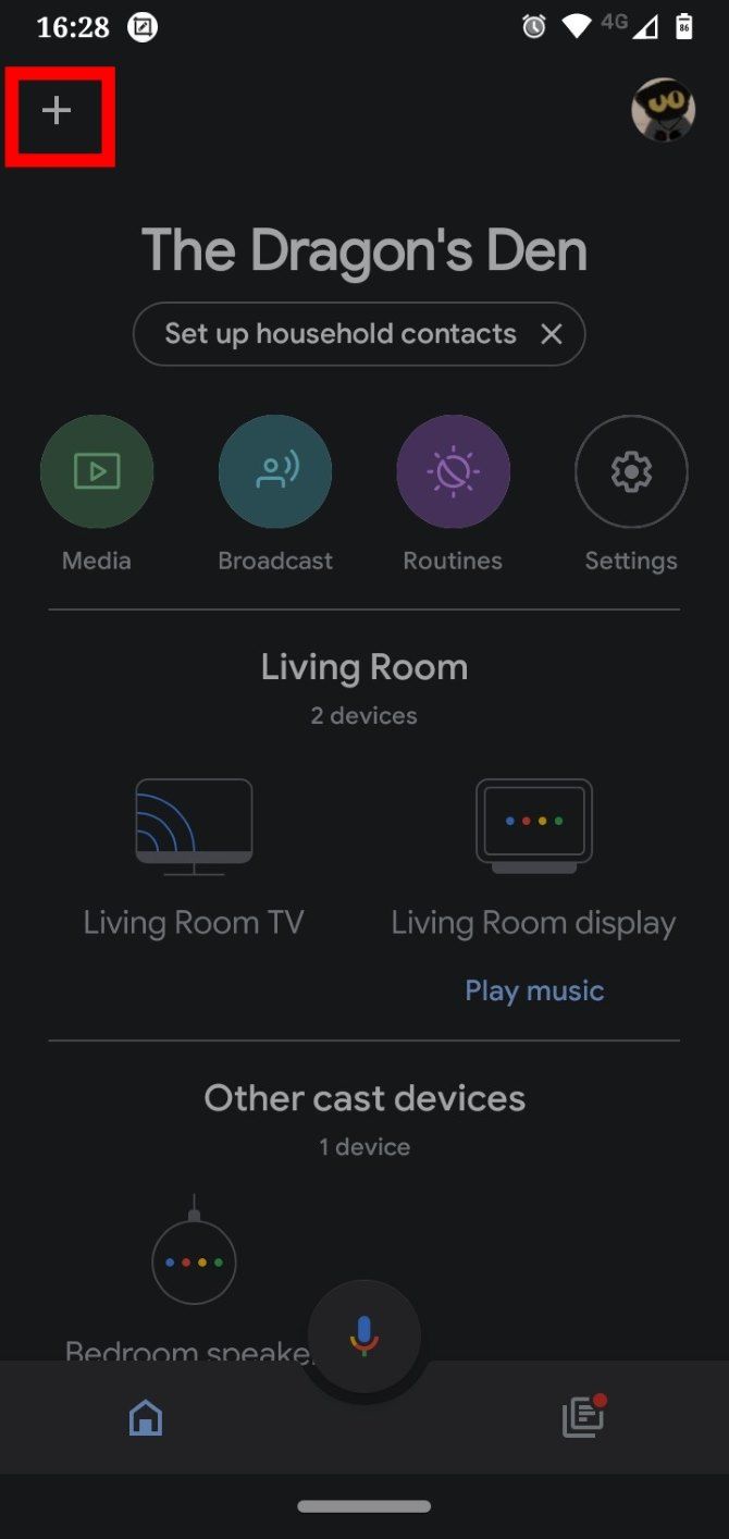 Tapping the plus icon in Google Home