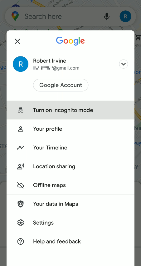 Google Maps activate Incognito