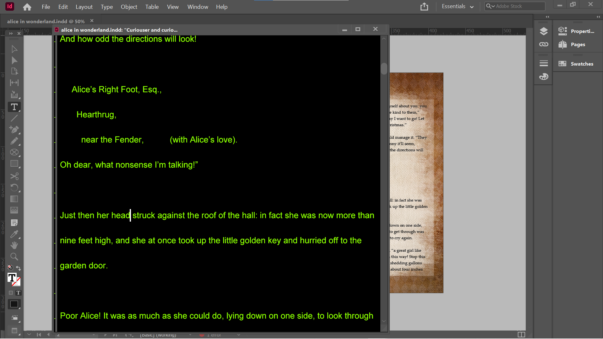 indesign story editor green on black double spaced