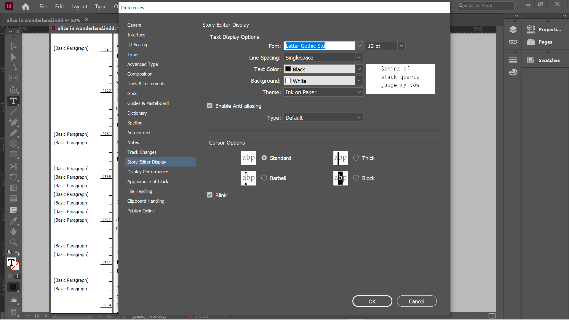 indesign story editor preferences
