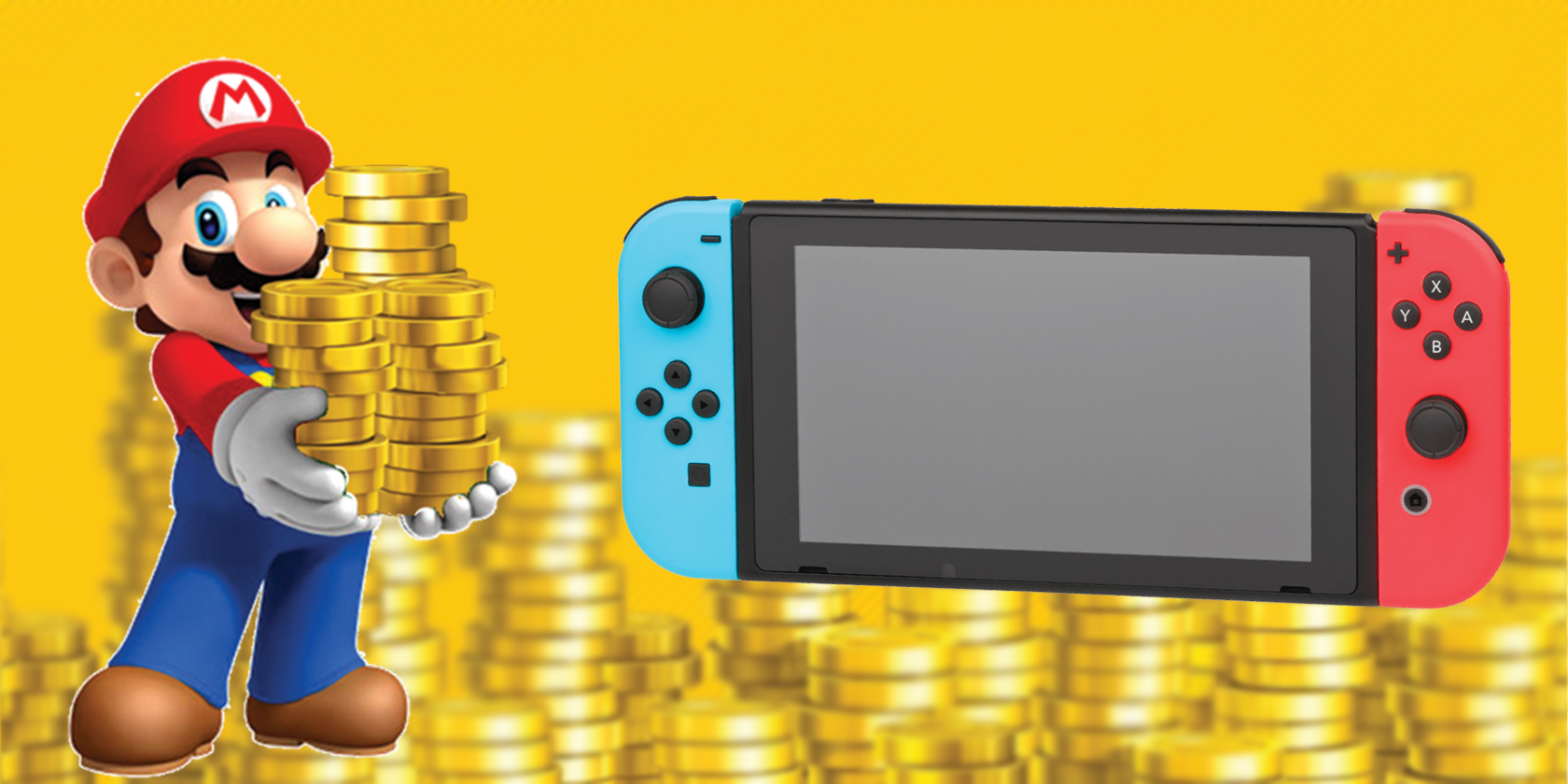 mario with coins standing next to a switch console