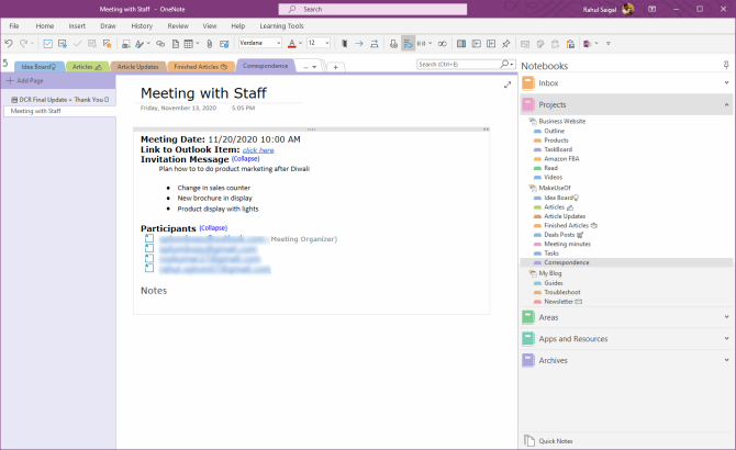meeting notes in OneNote notebook