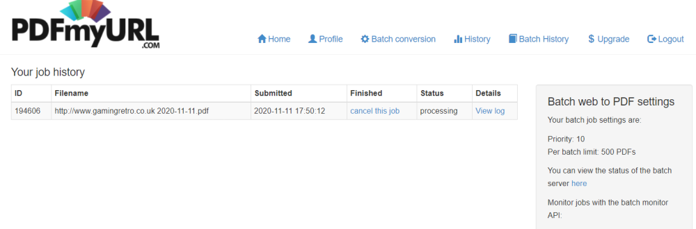 Batch history view in PDFmyURL