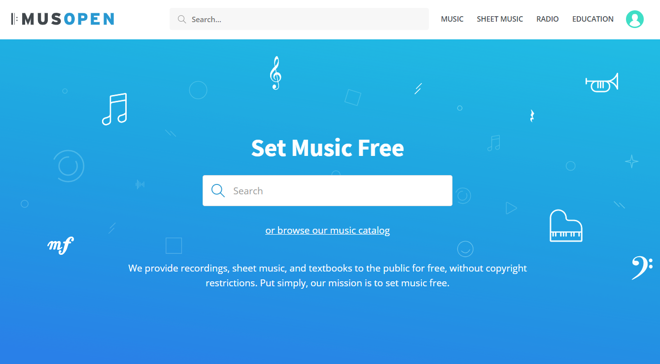 Screenshot of the free sheet music site called Musopen