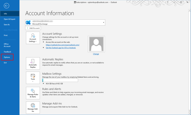Outlook account information window