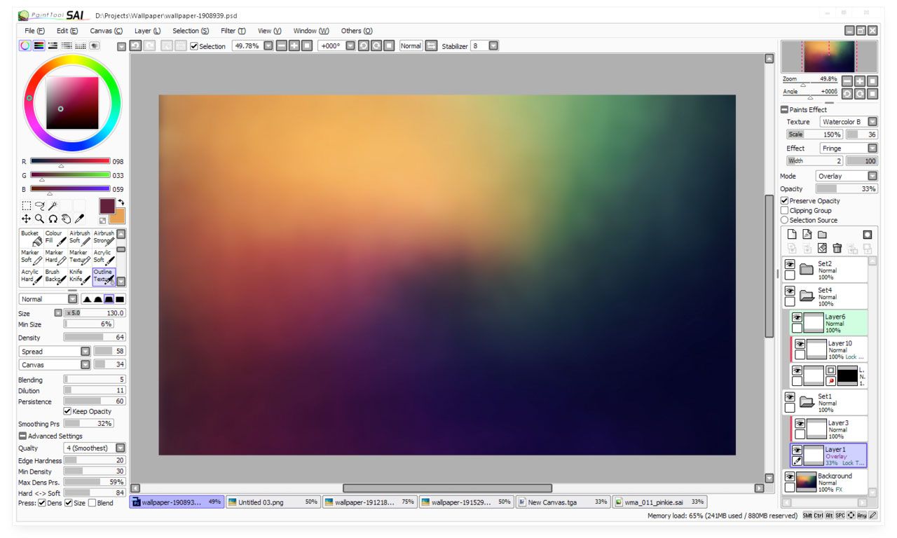 Paint Tool Sai interface on a rainbow spiral gradient