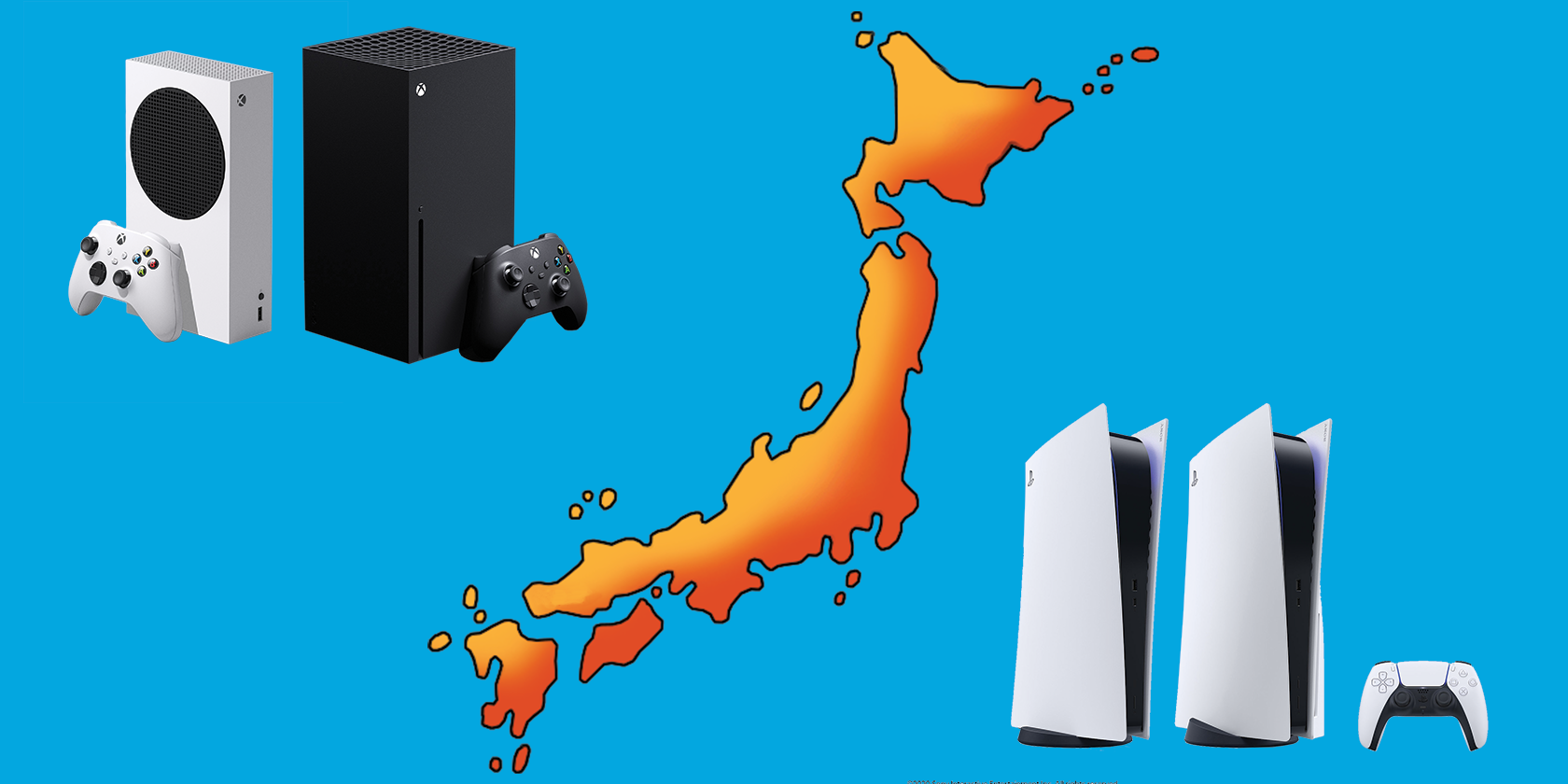 ps5 and xbox series consoles with map of japan