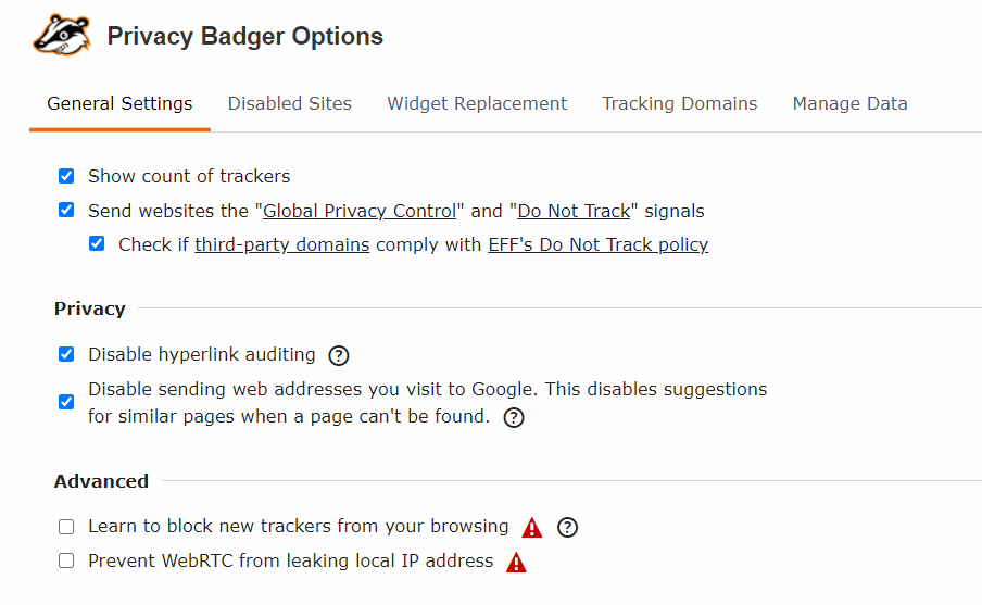 privacy badger settings