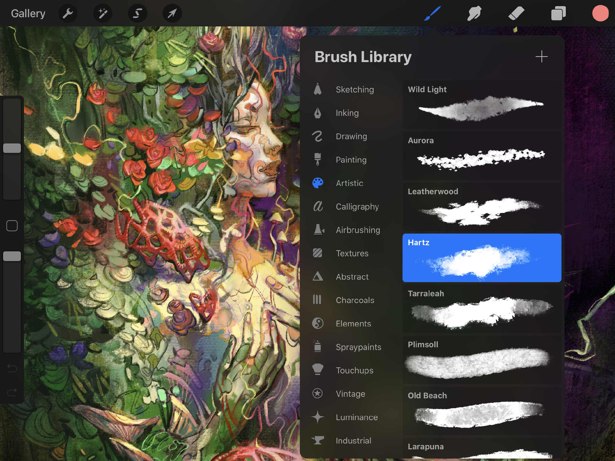 Procreate interface open on a nature-inspired portrait
