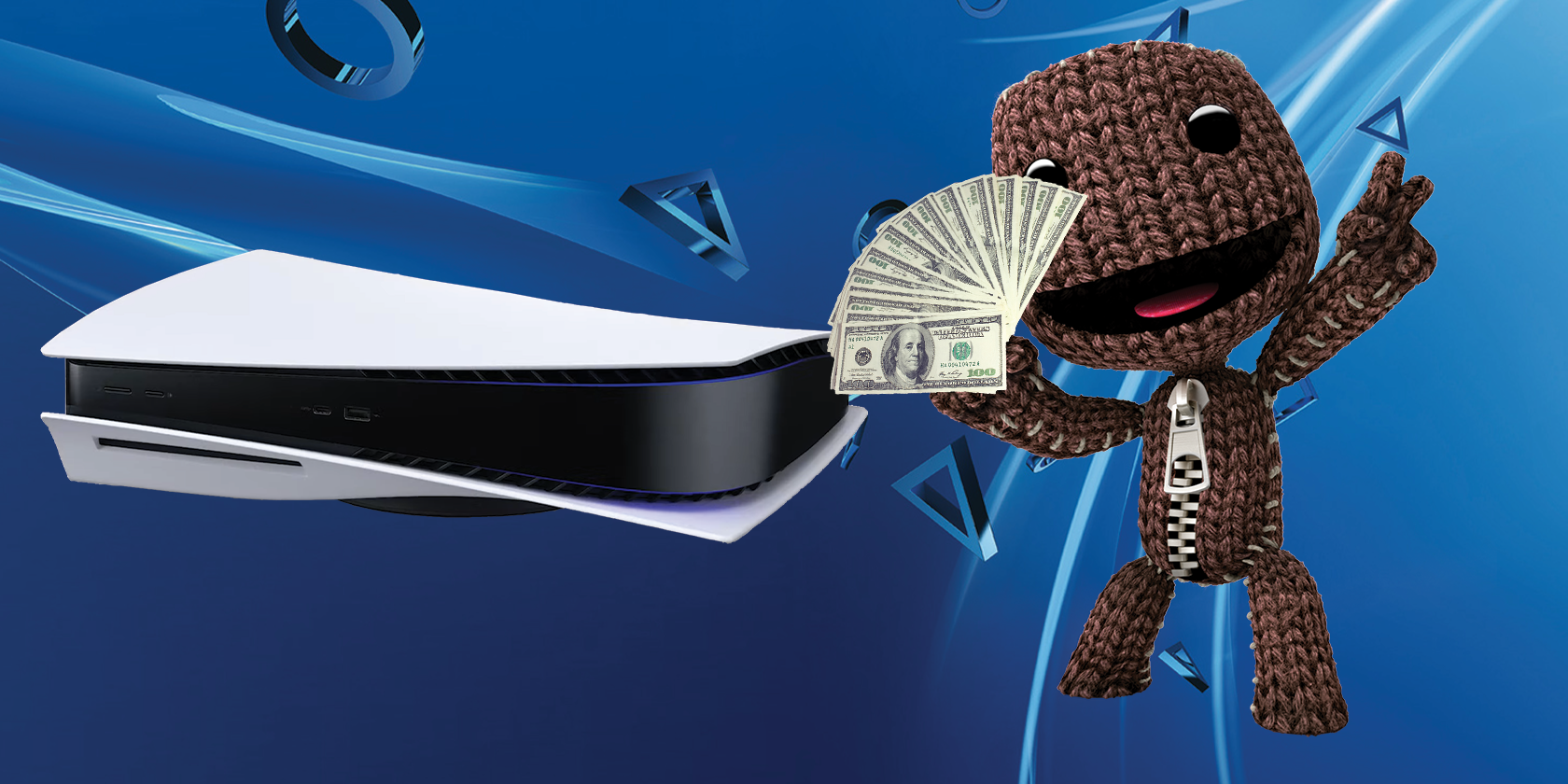 sackboy with cash and ps5