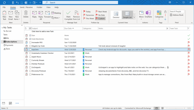 tasks listed in the Outlook window