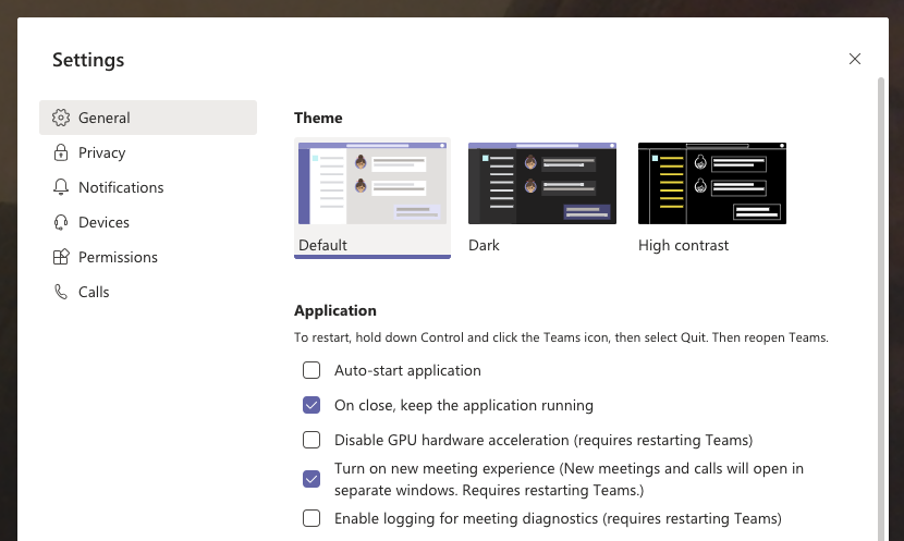 Screenshot of Teams showing settings