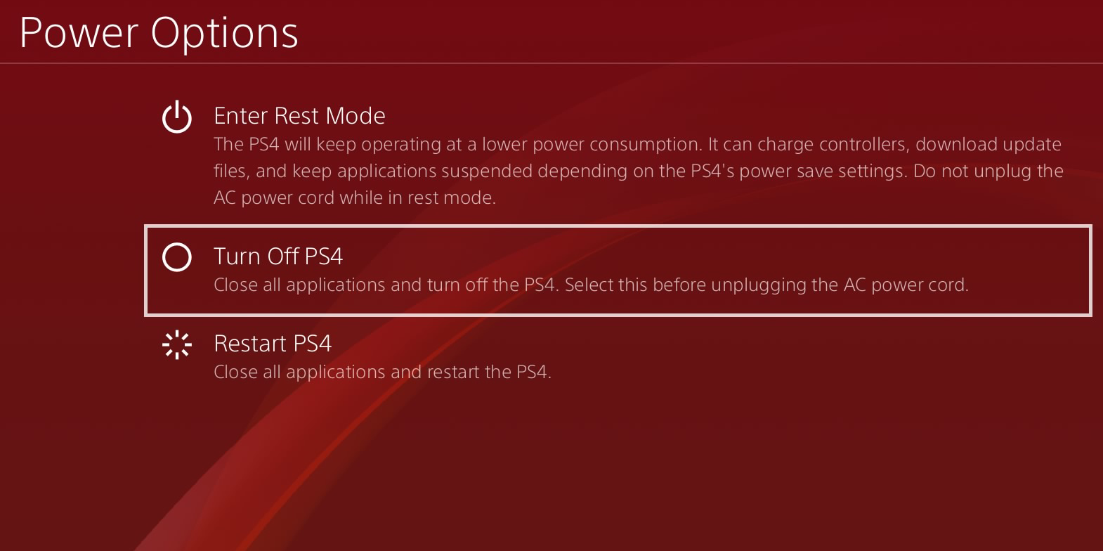 Wyłączanie PS4 za pomocą menu Zasilanie