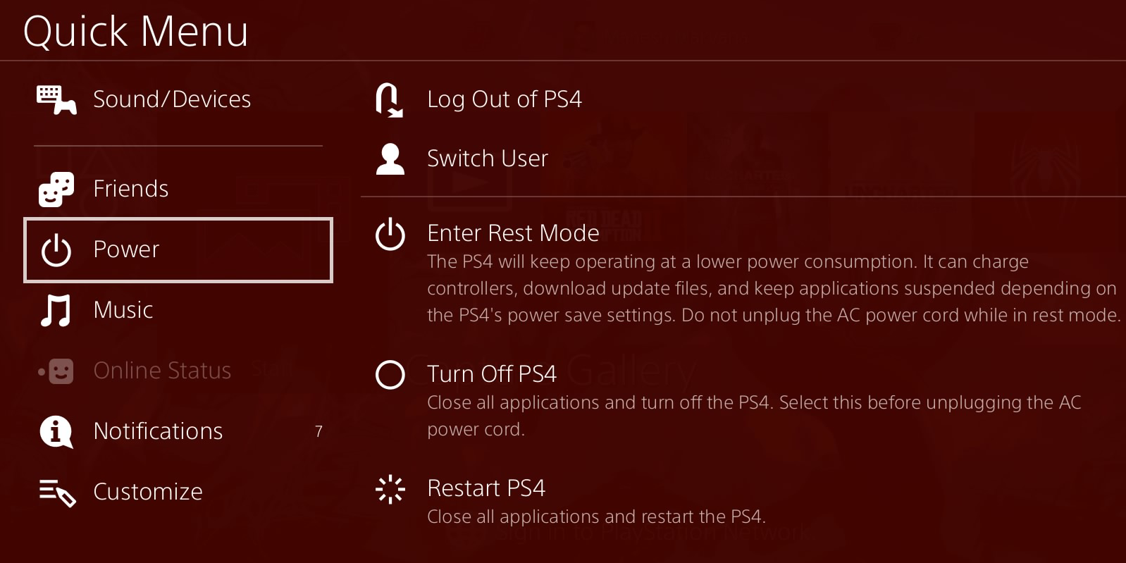 Wyłącz PS4 za pomocą Szybkiego menu
