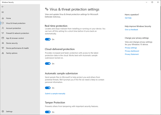virus threat and protection settings