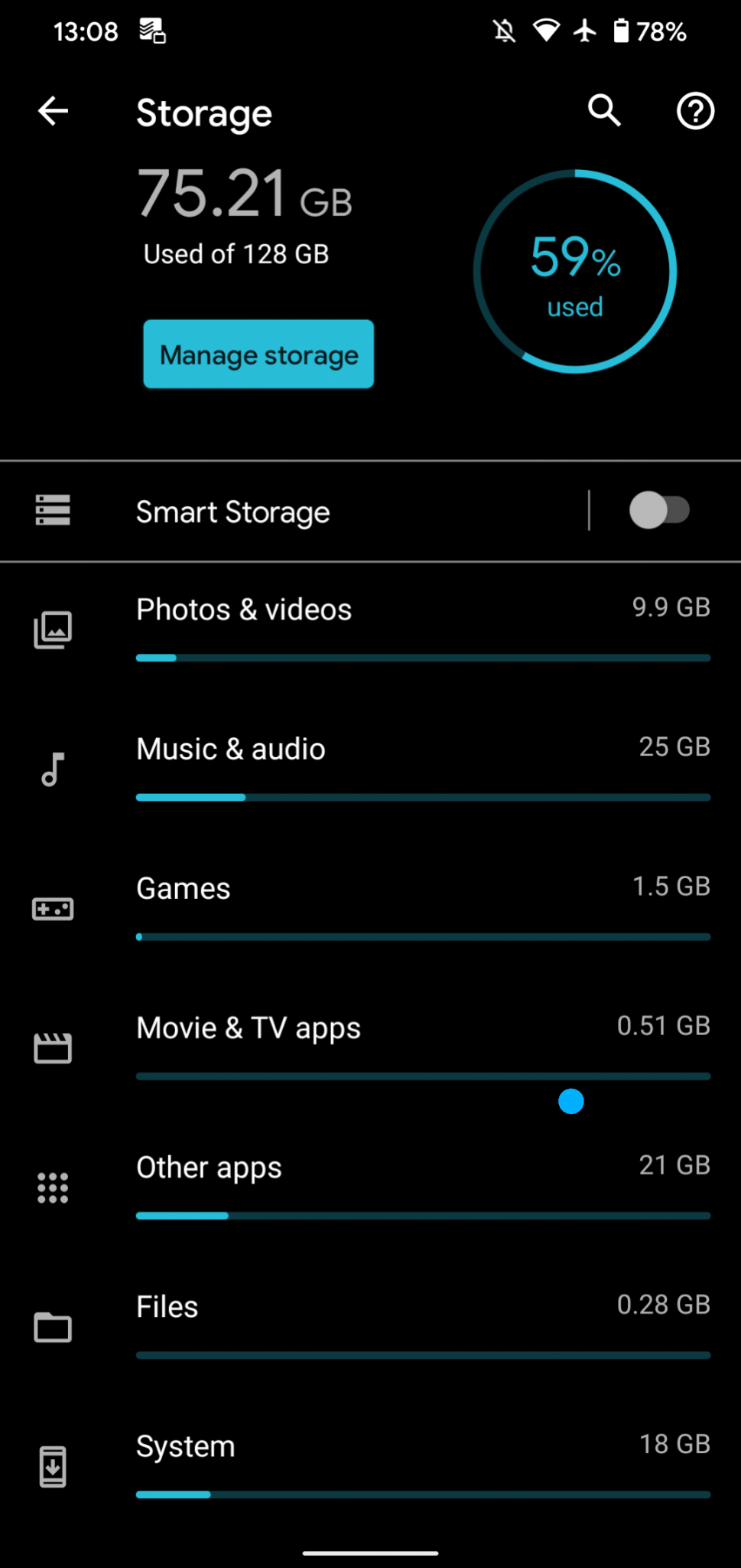 Android Storage Menu