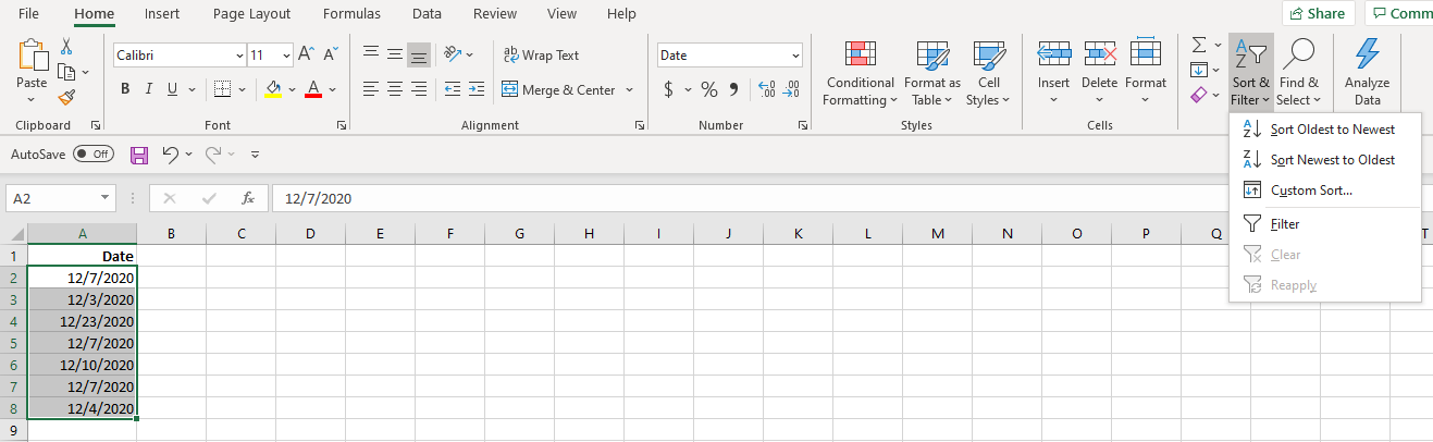 Screenshot Excel Sort Column by Date Ribbon