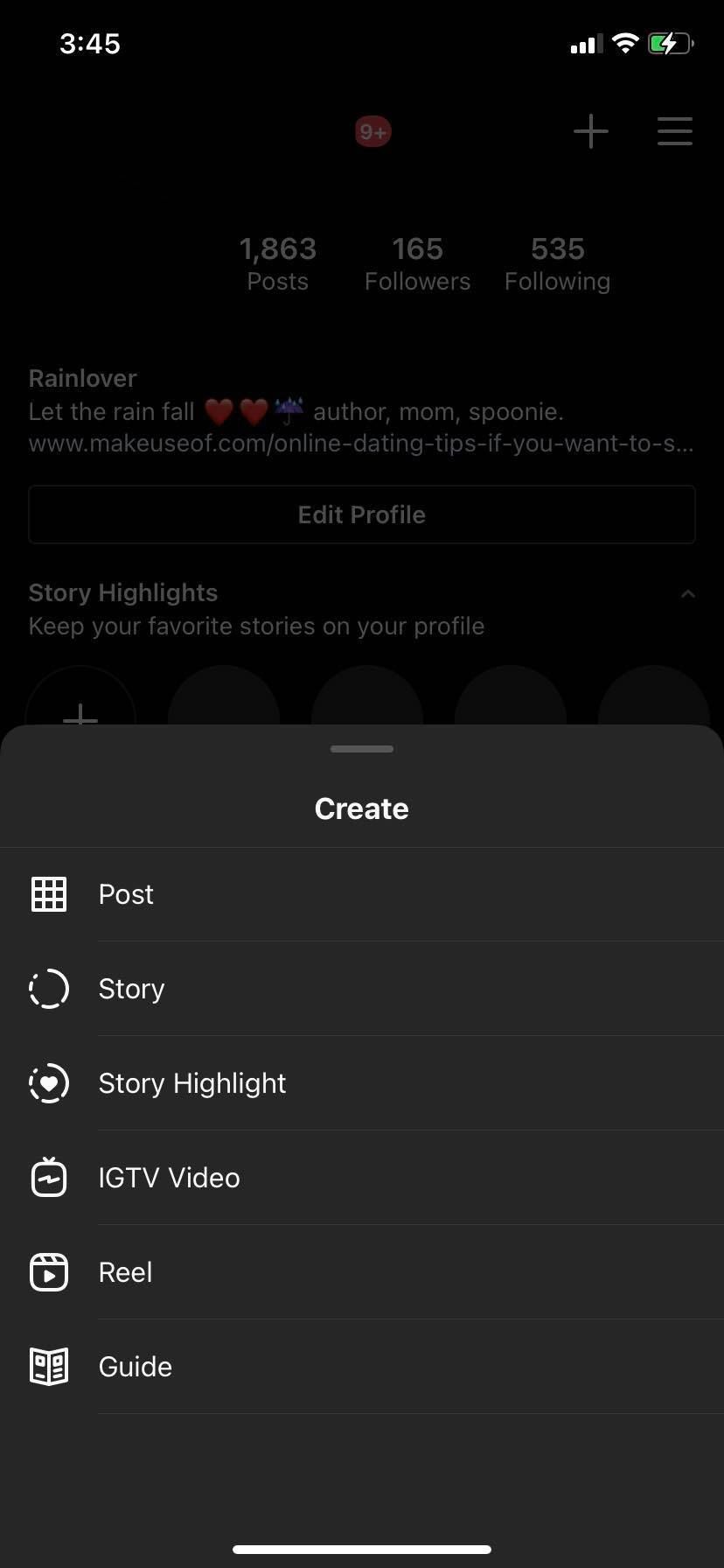 Screenshot of Instagram Create menu