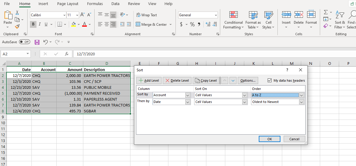 Screenshot Excel Sort by Multiple Categories