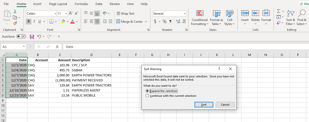 Screenshot Excel Sort Warning