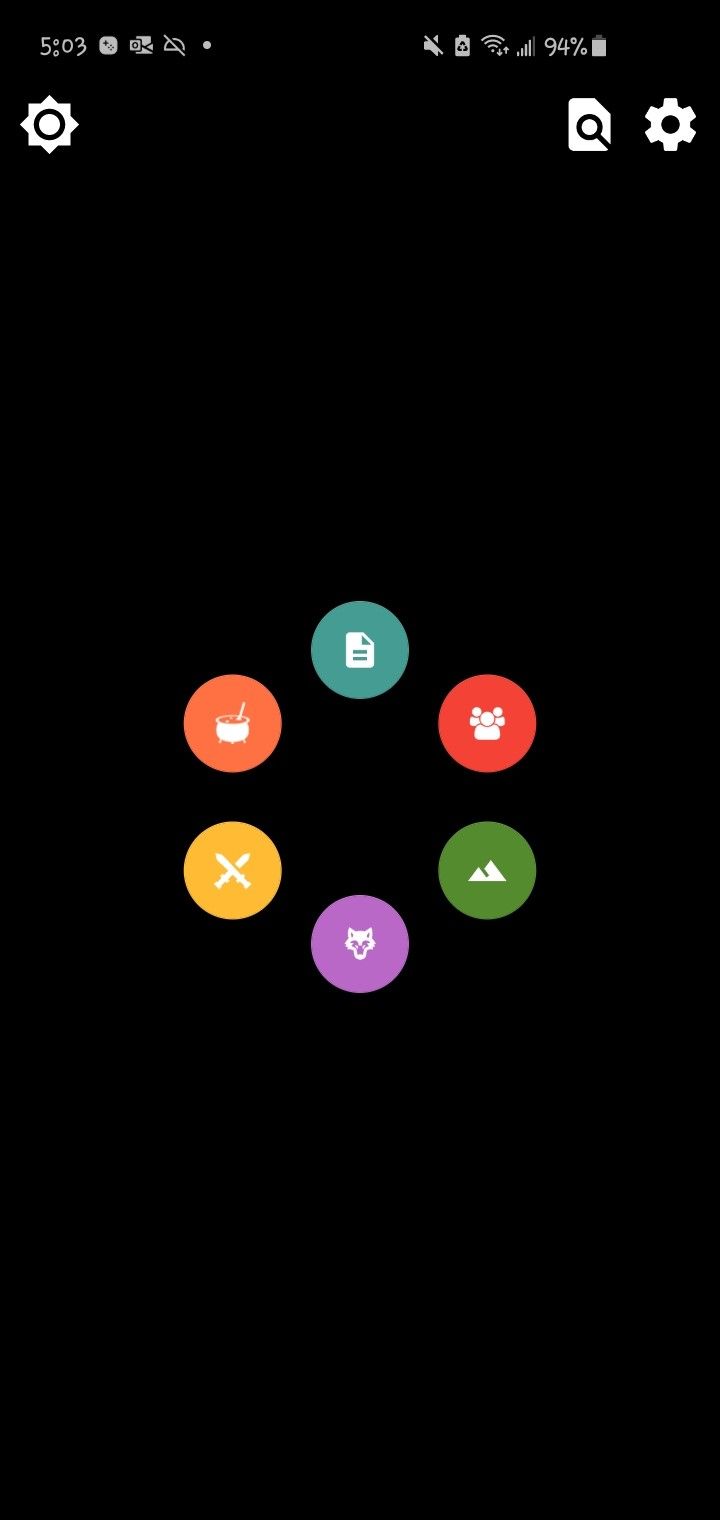 The streamlined, icon-based main menu of the 5e Companion app