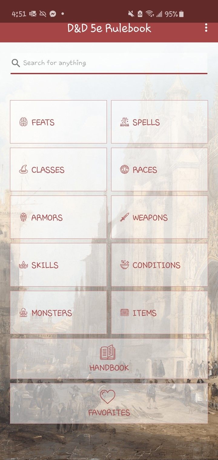 The main menu of the 5e Rulebook app