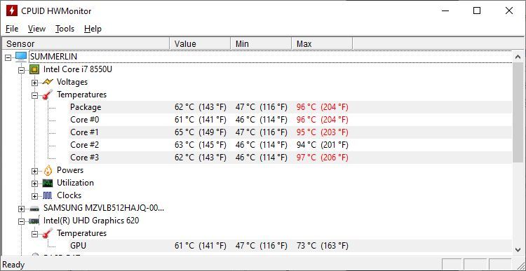CPUID HWMonitor showing Intel Core i7 core and GPU temperatures.